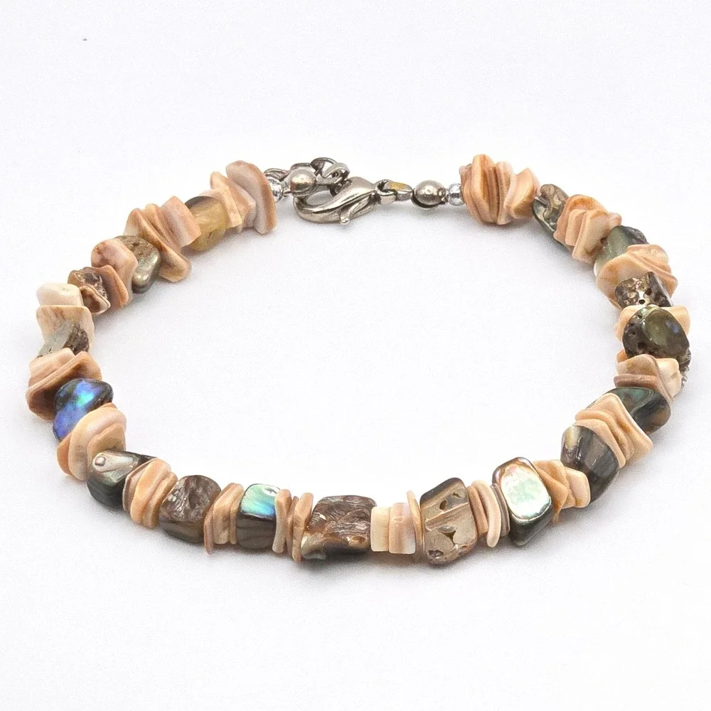 Mother of Pearl Shell Chip Abalone Beaded Bracelet Silver‎ Tone Lobster Clasp